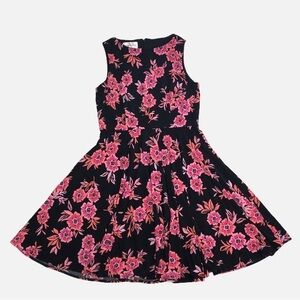 Donna Morgan Stretch Poly Knit Fit Flare Dress Size 10 Black Pink Floral Midi